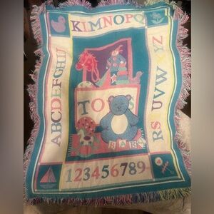 Vintage 80’s Riegel Jacquard Fringed Baby Blanket Toys Bear Clown 100% Cotton